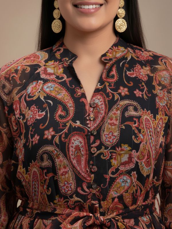 Globus Gloplus Women Multi Colour Paisley Print Mandrin Collar Raglan Sleeves Belted Lurex Detail Fit & Flare Plus Size Maxi Dress