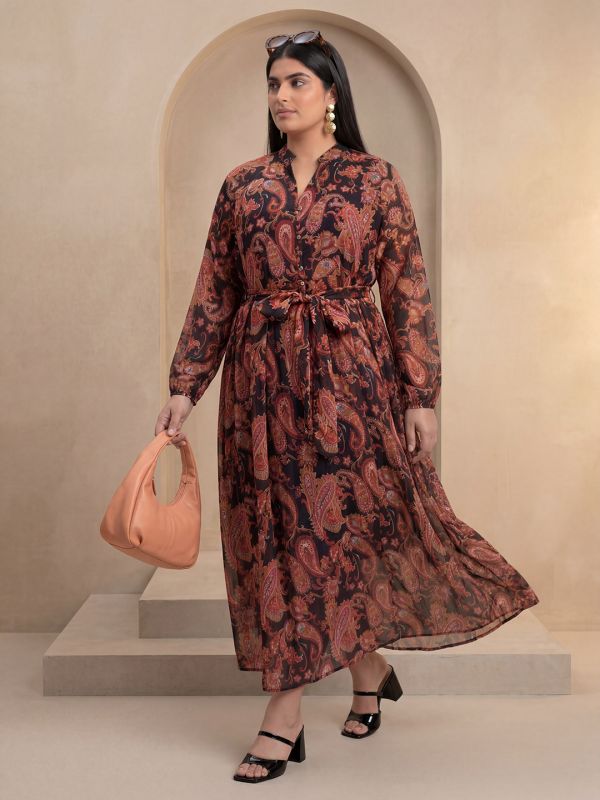 Globus Gloplus Women Multi Colour Paisley Print Mandrin Collar Raglan Sleeves Belted Lurex Detail Fit & Flare Plus Size Maxi Dress