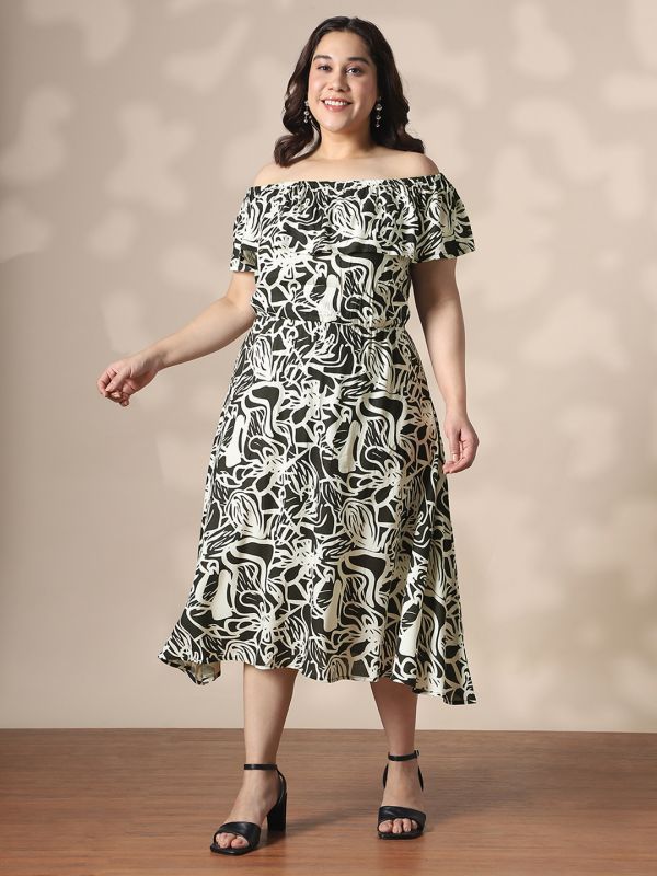 Globus Gloplus Women Black & White Abstract Print Off-Shoulder Fit & Flare Plus Size Midi Dress