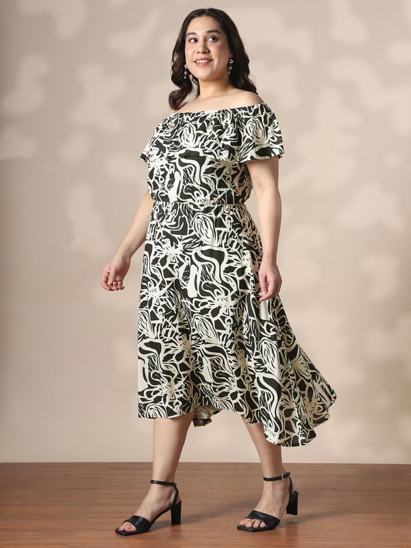 Globus Gloplus Women Black & White Abstract Print Off-Shoulder Fit & Flare Plus Size Midi Dress