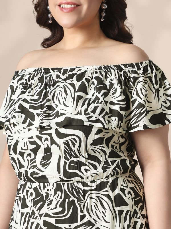 Globus Gloplus Women Black & White Abstract Print Off-Shoulder Fit & Flare Plus Size Midi Dress
