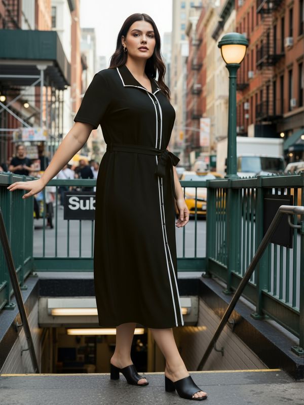 Globus Gloplus Women Black Collared Neck Short Sleeves Belted Midi Plus Size Shirt Style Workwear Dress