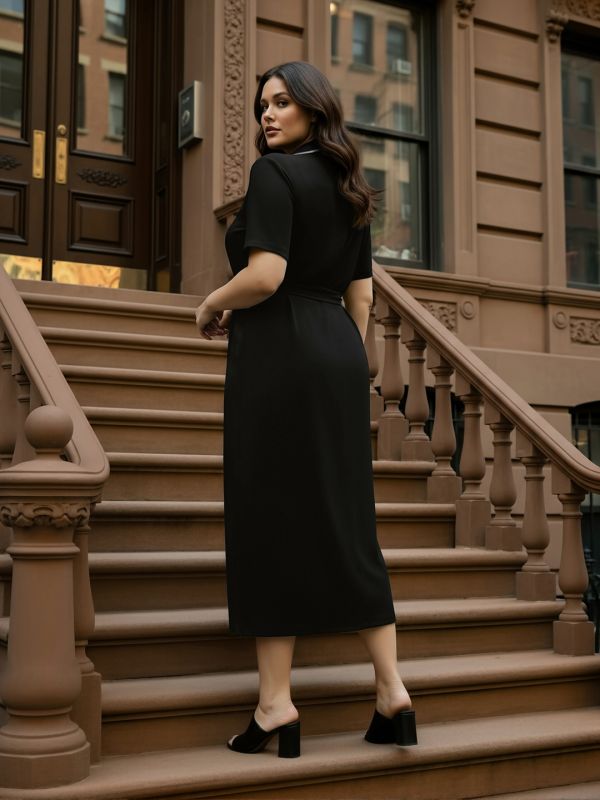 Globus Gloplus Women Black Collared Neck Short Sleeves Belted Midi Plus Size Shirt Style Workwear Dress
