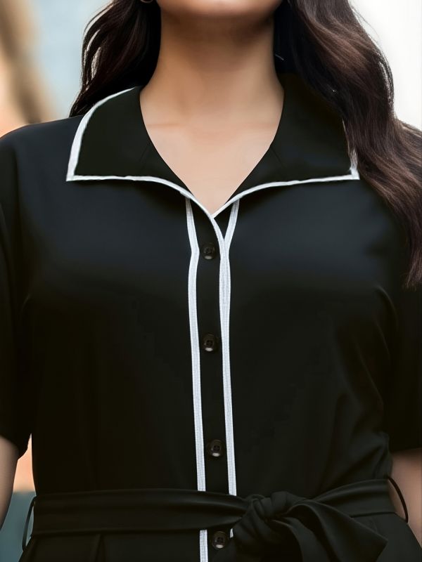 Globus Gloplus Women Black Collared Neck Short Sleeves Belted Midi Plus Size Shirt Style Workwear Dress