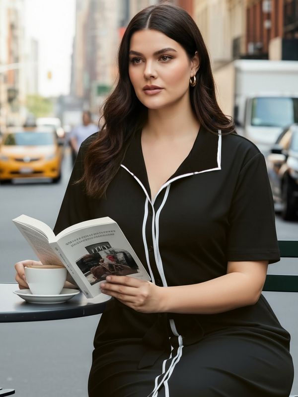 Globus Gloplus Women Black Collared Neck Short Sleeves Belted Midi Plus Size Shirt Style Workwear Dress