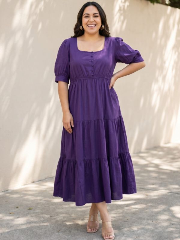 Globus Gloplus Women Purple Square Neck Puff Sleeve Fit and Flare Tiered Maxi Plus Size Dress