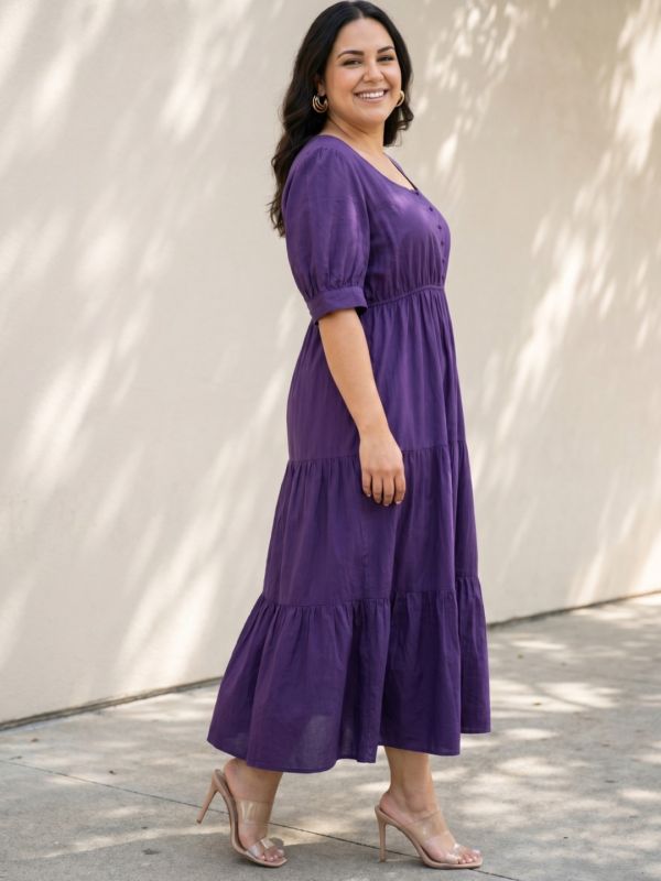 Globus Gloplus Women Purple Square Neck Puff Sleeve Fit and Flare Tiered Maxi Plus Size Dress
