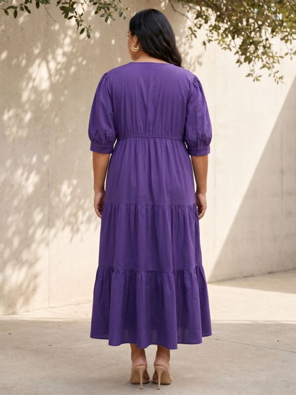 Globus Gloplus Women Purple Square Neck Puff Sleeve Fit and Flare Tiered Maxi Plus Size Dress