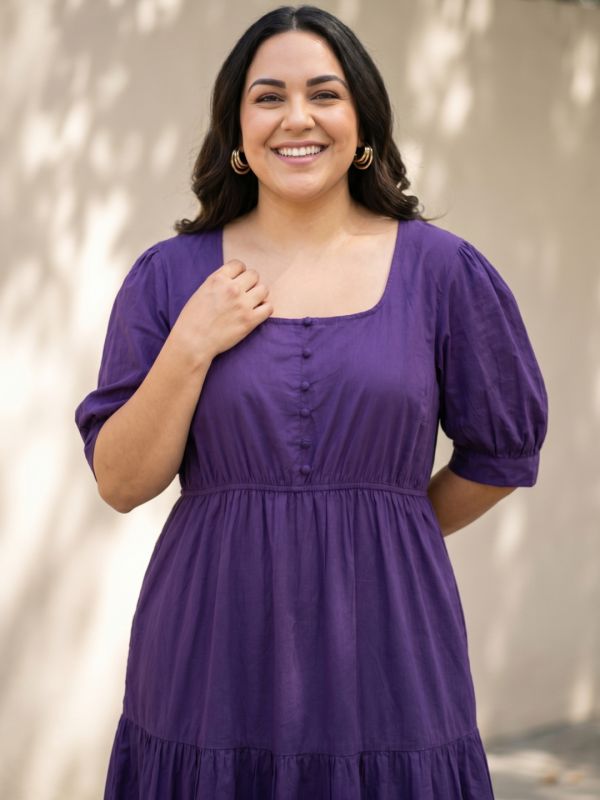 Globus Gloplus Women Purple Square Neck Puff Sleeve Fit and Flare Tiered Maxi Plus Size Dress