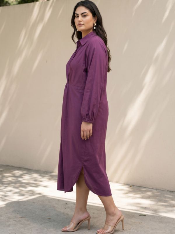 Globus Gloplus Women Burgundy Collared Neck Puff Sleeve Front Twisted Midi Plus Size Dress