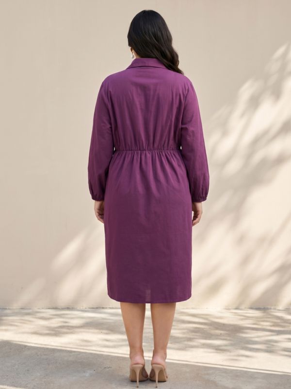 Globus Gloplus Women Burgundy Collared Neck Puff Sleeve Front Twisted Midi Plus Size Dress