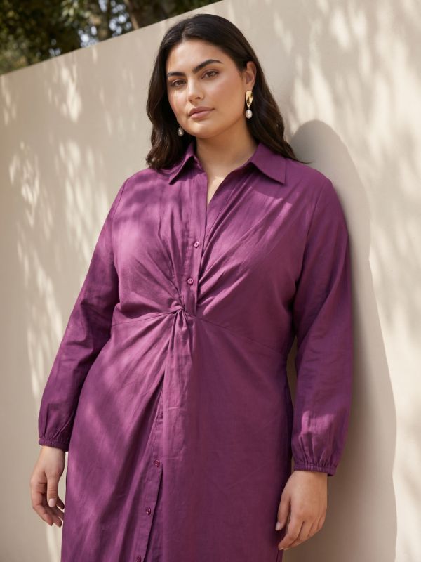 Globus Gloplus Women Burgundy Collared Neck Puff Sleeve Front Twisted Midi Plus Size Dress