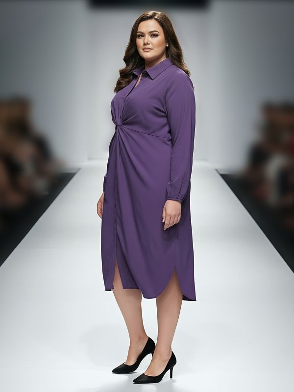 Globus Gloplus Women Purple Collared Neck Bishop Sleeves Solid Twist Knot Detail Curved Hem Midi Plus Size Workwear Shirt Style Dress