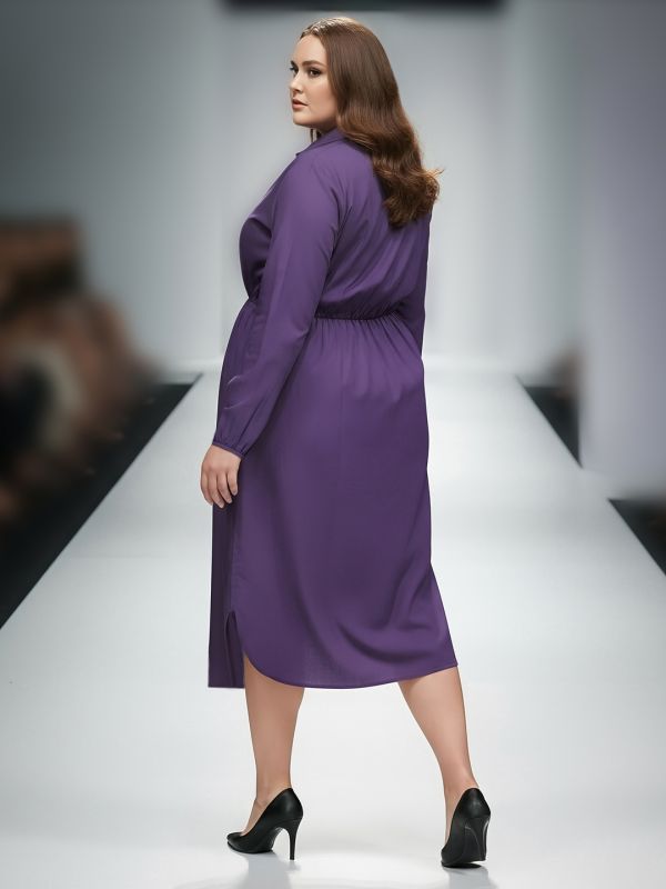 Globus Gloplus Women Purple Collared Neck Bishop Sleeves Solid Twist Knot Detail Curved Hem Midi Plus Size Workwear Shirt Style Dress