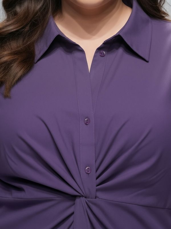 Globus Gloplus Women Purple Collared Neck Bishop Sleeves Solid Twist Knot Detail Curved Hem Midi Plus Size Workwear Shirt Style Dress