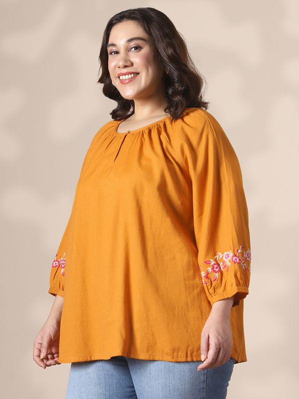 Globus Gloplus Mustard Keyhole Detail Round Neck Floral Embroidered Raglan Sleeves Plus Size Top