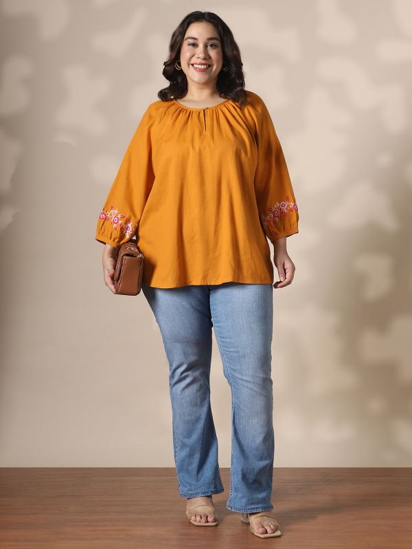 Globus Gloplus Mustard Keyhole Detail Round Neck Floral Embroidered Raglan Sleeves Plus Size Top