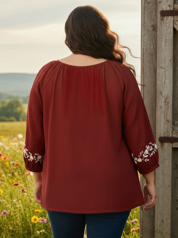 Globus Gloplus Women Maroon Keyhole Detail Round Neck Floral Embroidered Raglan Sleeves Plus Size Top
