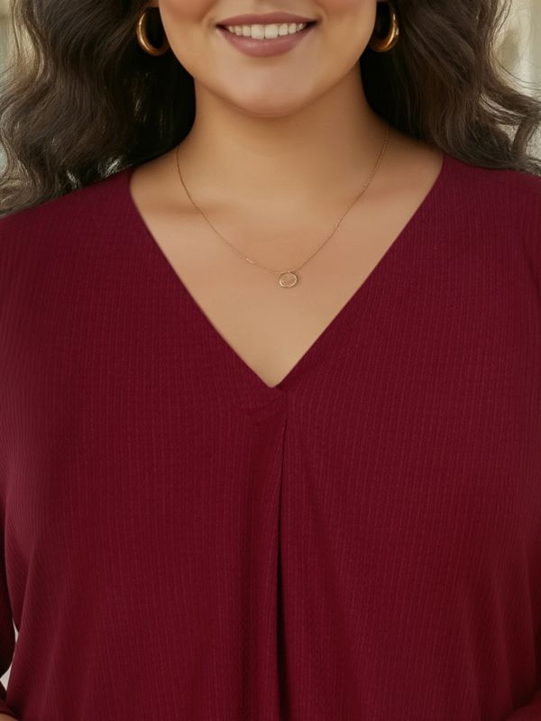 Globus Gloplus Women Maroon V-Neck Self Design Curved Hem Plus Size Workwear Top