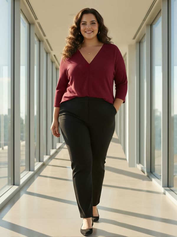 Globus Gloplus Women Maroon V-Neck Self Design Curved Hem Plus Size Workwear Top