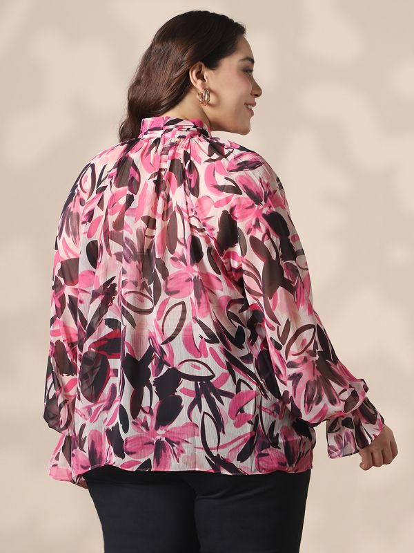 Globus Gloplus Women Pink Tie-Up Neck Raglan Sleeves Floral Print Georgette Plus Size Shirt Style Top