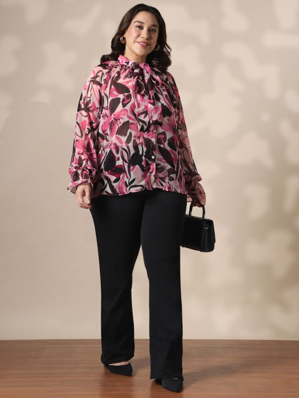 Globus Gloplus Women Pink Tie-Up Neck Raglan Sleeves Floral Print Georgette Plus Size Shirt Style Top