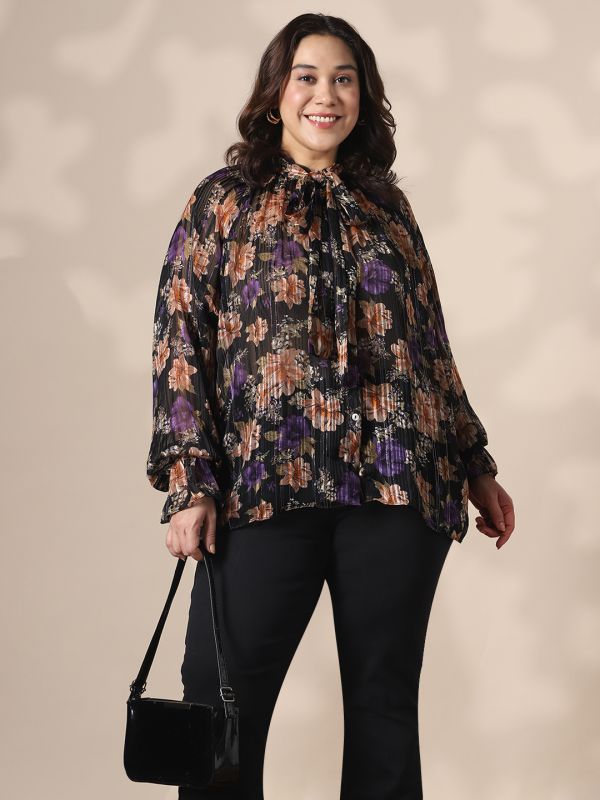 Globus Gloplus Women Black Tie-Up Neck Raglan Sleeves Self Design Floral Print Georgette Plus Size Shirt Style Top
