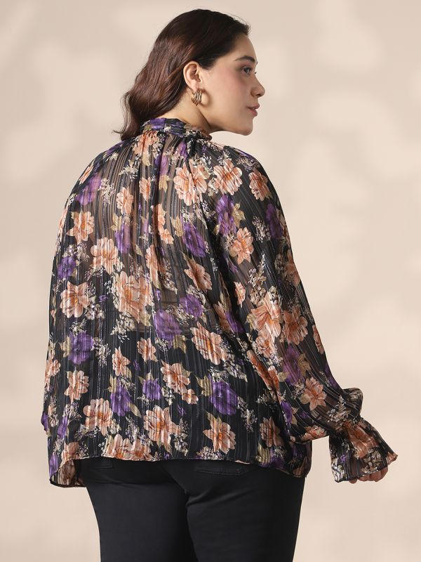 Globus Gloplus Women Black Tie-Up Neck Raglan Sleeves Self Design Floral Print Georgette Plus Size Shirt Style Top