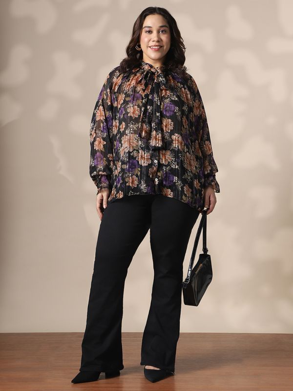 Globus Gloplus Women Black Tie-Up Neck Raglan Sleeves Self Design Floral Print Georgette Plus Size Shirt Style Top