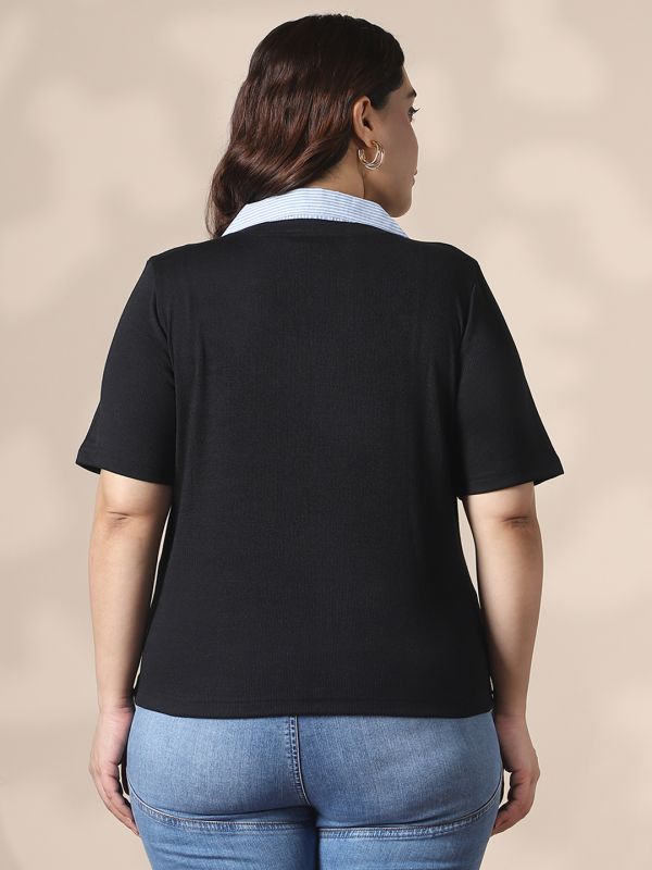Globus Gloplus Black Collared Neck Ribbed Plus Size Top