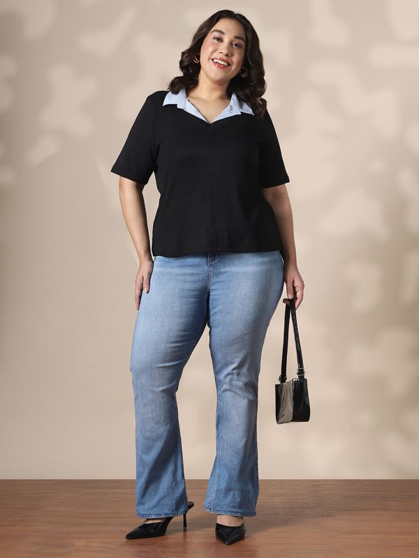Globus Gloplus Black Collared Neck Ribbed Plus Size Top