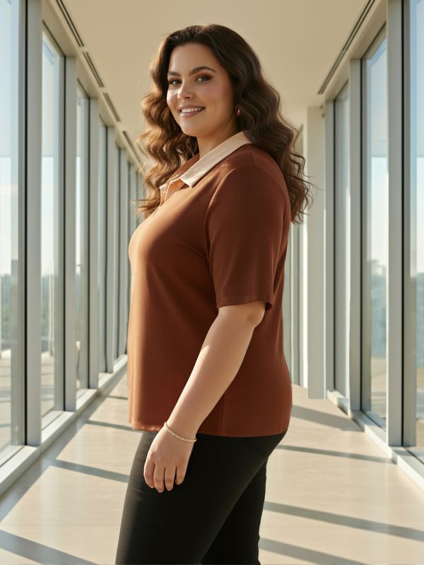 Globus Gloplus Women Brown Collared Neck Short Sleeves Ribbed Plus Size Workwear Top
