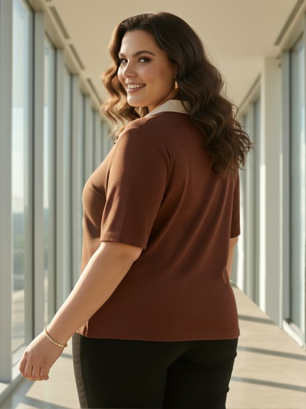 Globus Gloplus Women Brown Collared Neck Short Sleeves Ribbed Plus Size Workwear Top