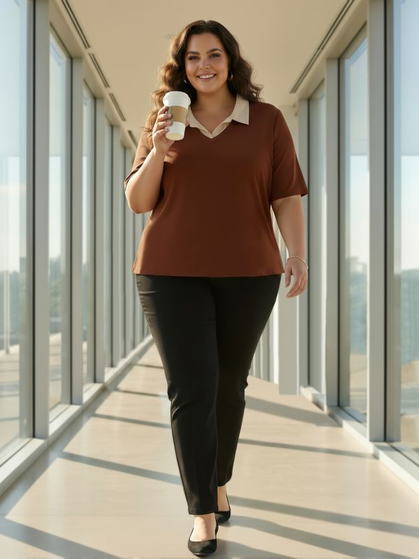 Globus Gloplus Women Brown Collared Neck Short Sleeves Ribbed Plus Size Workwear Top