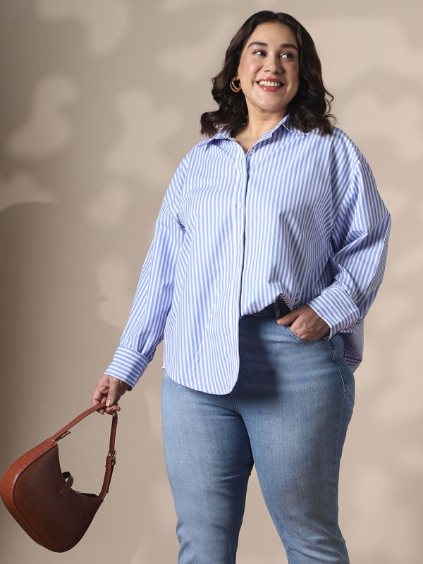 Globus Gloplus Women Blue Collared Neck Cuffed Sleeves Striped Curved Hemline Oversize Workwear Plus Size Shirt