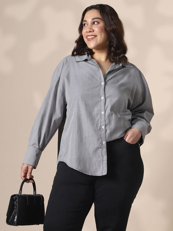 Globus Gloplus Women Black Collared Neck Cuffed Sleeves Striped Curved Hemline Oversize Workwear Plus Size Shirt