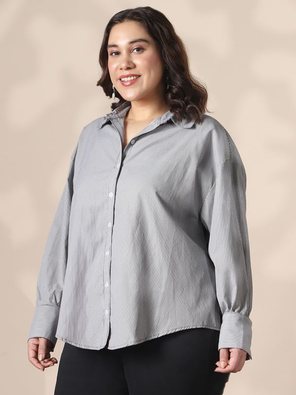 Globus Gloplus Women Black Collared Neck Cuffed Sleeves Striped Curved Hemline Oversize Workwear Plus Size Shirt
