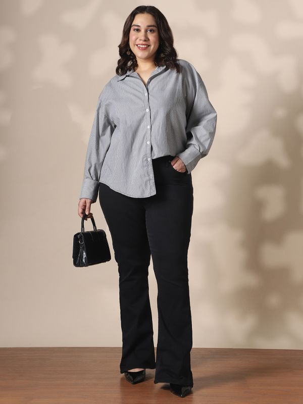 Globus Gloplus Women Black Collared Neck Cuffed Sleeves Striped Curved Hemline Oversize Workwear Plus Size Shirt