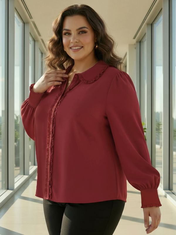 Globus Gloplus Women Red Collared Neck Cuffed Sleeves Frill Detail Solid Plus Size Workwear Shirt