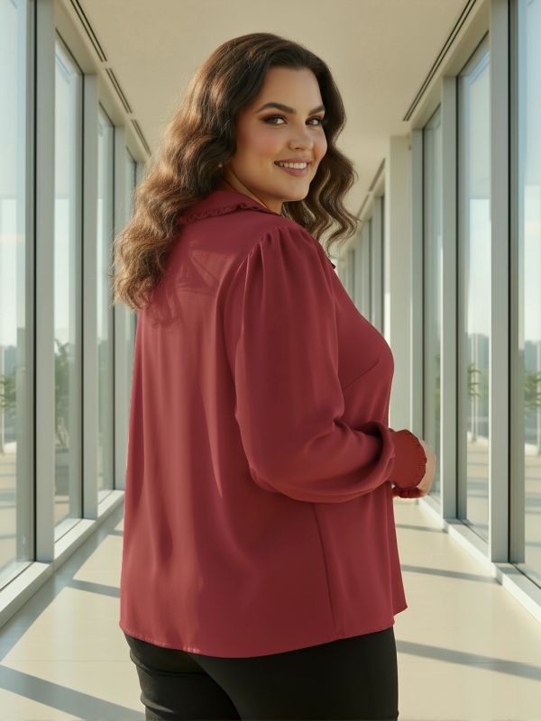 Globus Gloplus Women Red Collared Neck Cuffed Sleeves Frill Detail Solid Plus Size Workwear Shirt