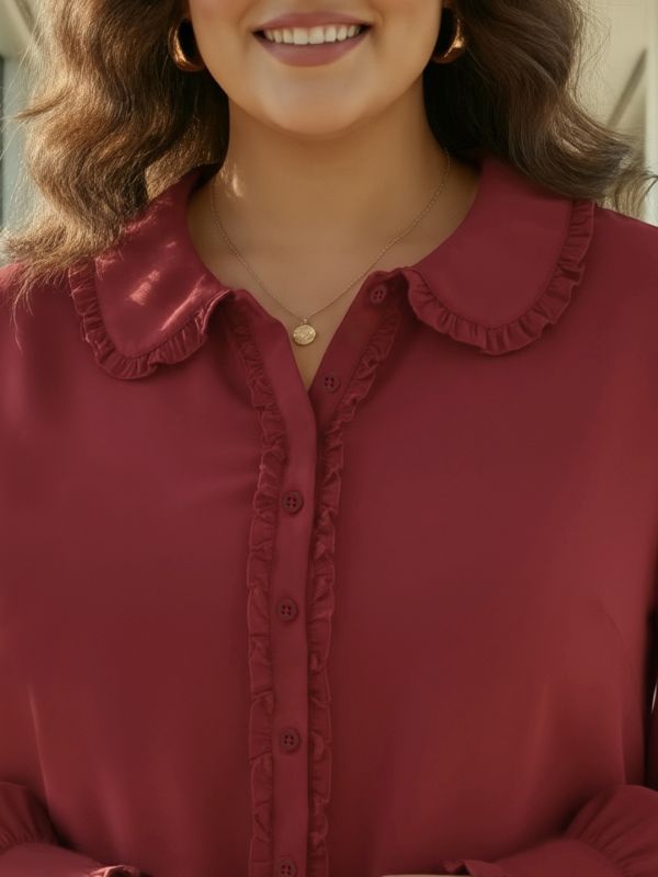 Globus Gloplus Women Red Collared Neck Cuffed Sleeves Frill Detail Solid Plus Size Workwear Shirt