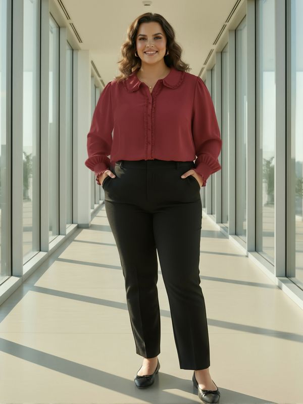 Globus Gloplus Women Red Collared Neck Cuffed Sleeves Frill Detail Solid Plus Size Workwear Shirt