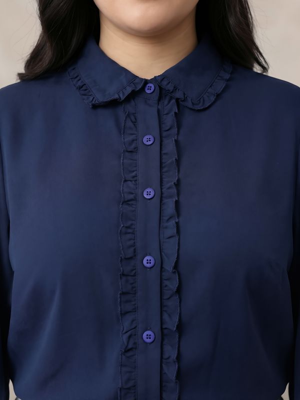 Globus Gloplus Women Navy Blue Collared Neck Cuffed Sleeves Frill Detail Solid Plus Size Workwear Shirt