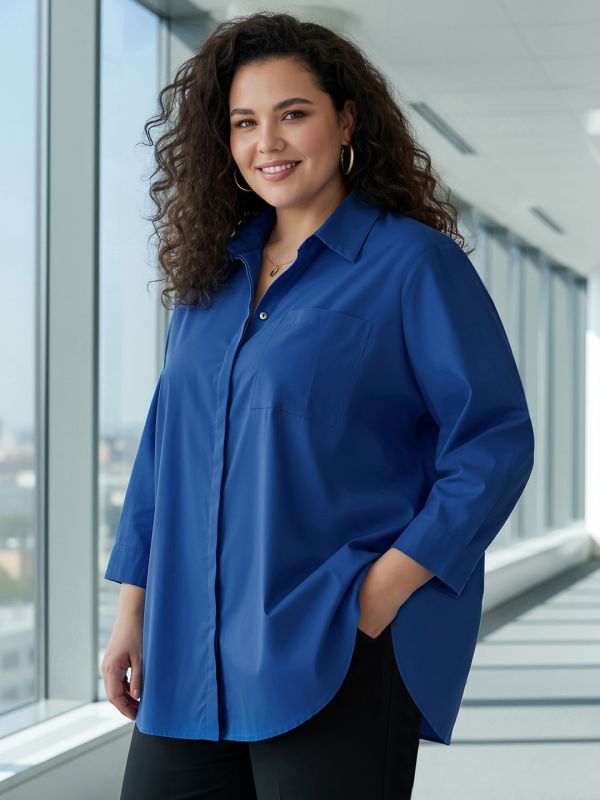 Globus Gloplus Women Blue Collared Neck Cuffed Sleeves Chest Pocket Solid Curved Hem Oversized Plus Size Workwear Shirt