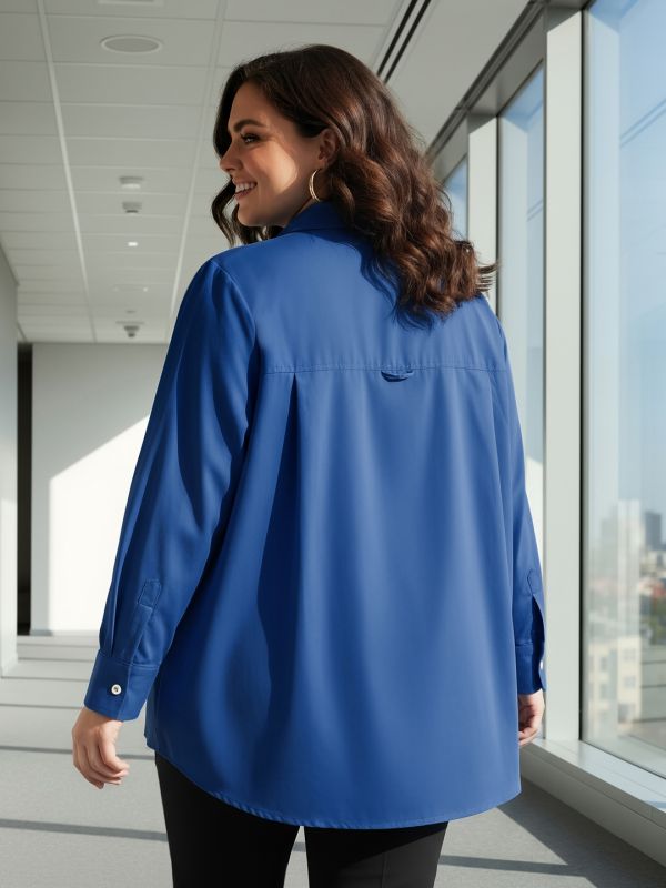Globus Gloplus Women Blue Collared Neck Cuffed Sleeves Chest Pocket Solid Curved Hem Oversized Plus Size Workwear Shirt