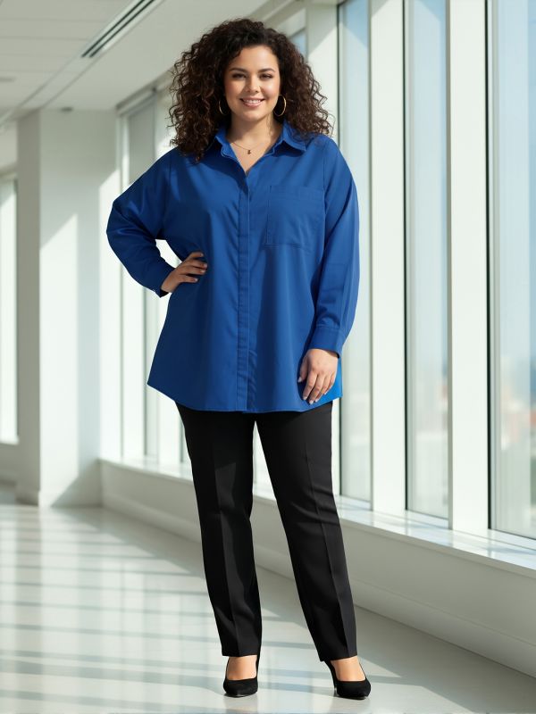 Globus Gloplus Women Blue Collared Neck Cuffed Sleeves Chest Pocket Solid Curved Hem Oversized Plus Size Workwear Shirt