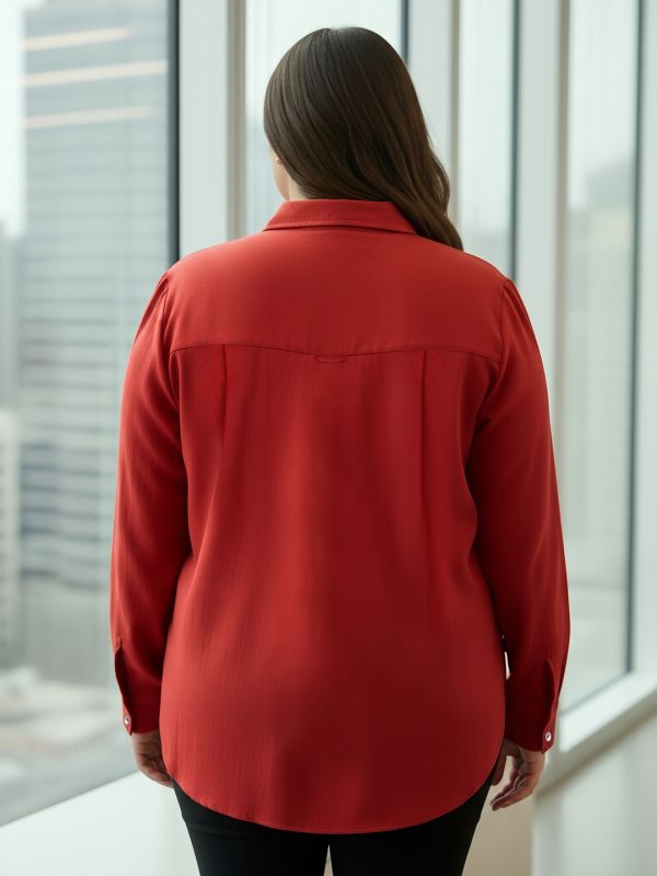 Globus Gloplus Women Red Collared Neck Cuffed Sleeves Chest Pocket Solid Curved Hem Oversized Plus Size Workwear Shirt