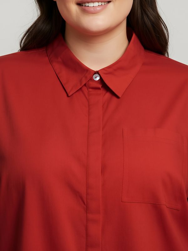 Globus Gloplus Women Red Collared Neck Cuffed Sleeves Chest Pocket Solid Curved Hem Oversized Plus Size Workwear Shirt
