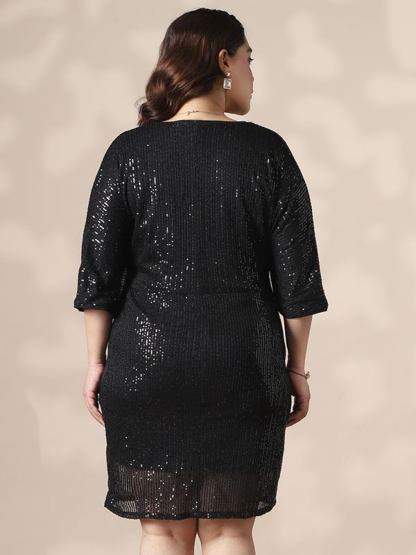 Globus Gloplus Women Black V-Neck Extended Sleeves Twisted Detail Sequinned Mini Sheath Plus size Party Dress