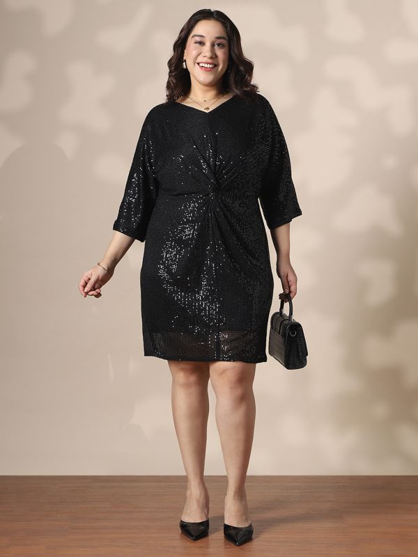 Globus Gloplus Women Black V-Neck Extended Sleeves Twisted Detail Sequinned Mini Sheath Plus size Party Dress